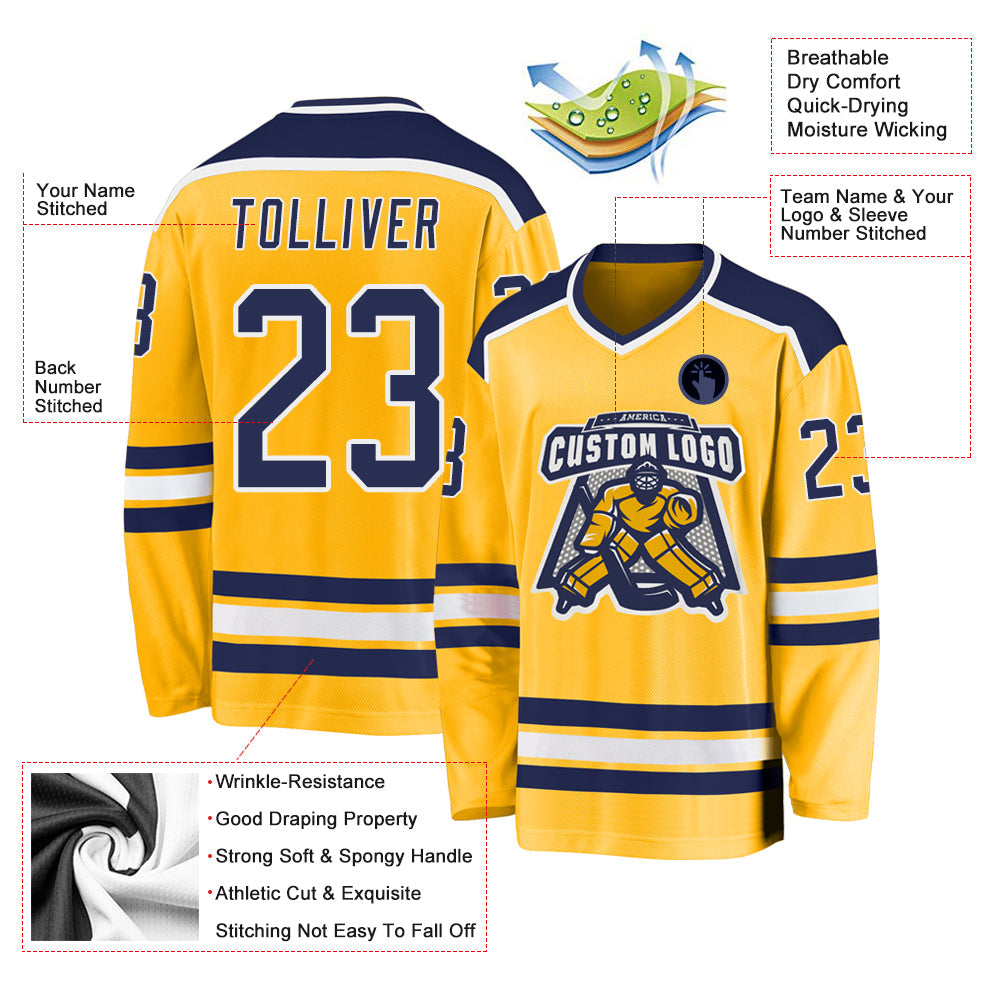 Custom Gold Navy-White Hockey Jersey - Sky-Custom