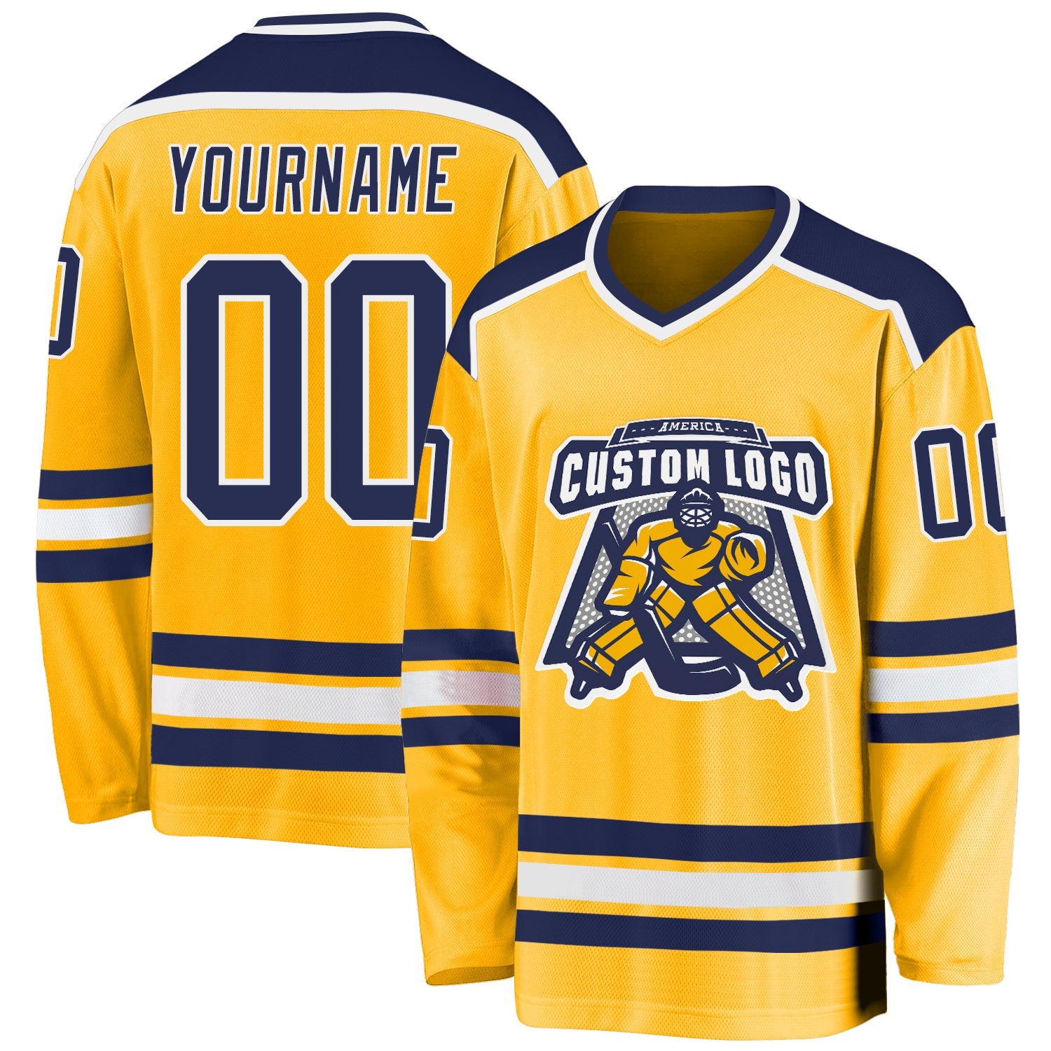 Custom Gold Navy-White Hockey Jersey - Sky-Custom