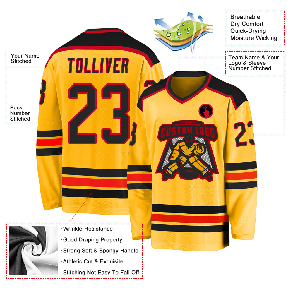 Custom Gold Black-Red Hockey Jersey - Sky-Custom