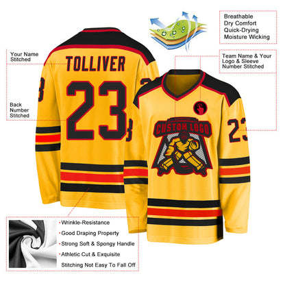 Custom Gold Black-Red Hockey Jersey - Sky-Custom