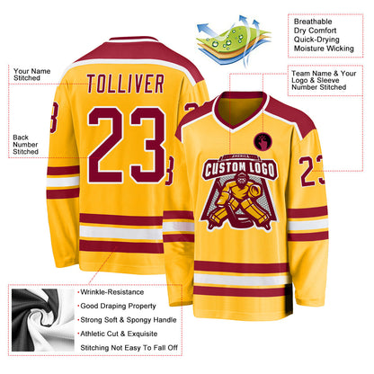 Custom Gold Maroon-White Hockey Jersey - Sky-Custom