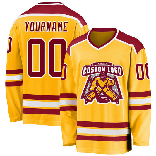 Custom Gold Maroon-White Hockey Jersey - Sky-Custom