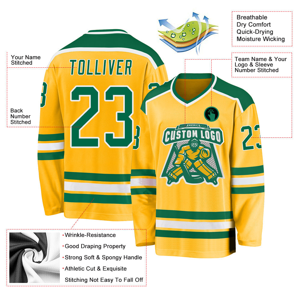 Custom Gold Kelly Green-White Hockey Jersey - Sky-Custom