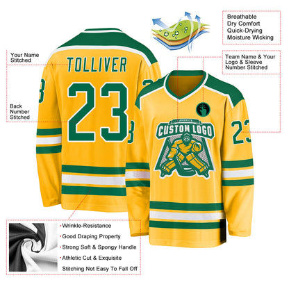 Custom Gold Kelly Green-White Hockey Jersey - Sky-Custom