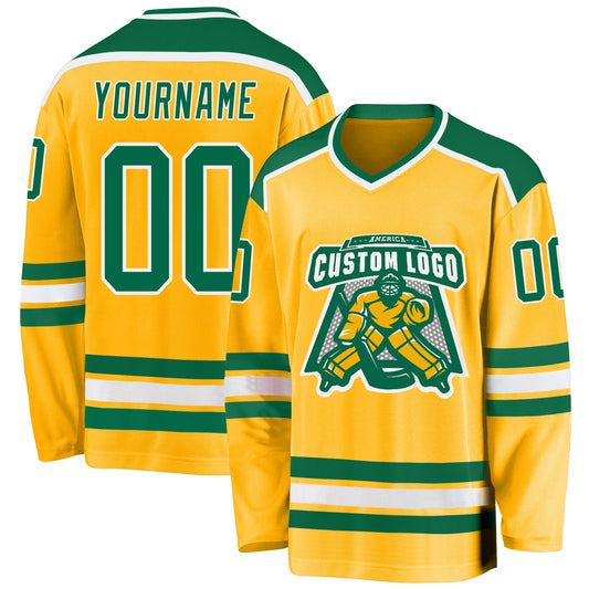 Custom Gold Kelly Green-White Hockey Jersey - Sky-Custom