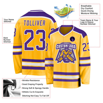 Custom Gold Purple-White Hockey Jersey - Sky-Custom