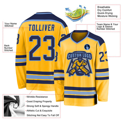 Custom Gold Navy-Light Blue Hockey Jersey - Sky-Custom