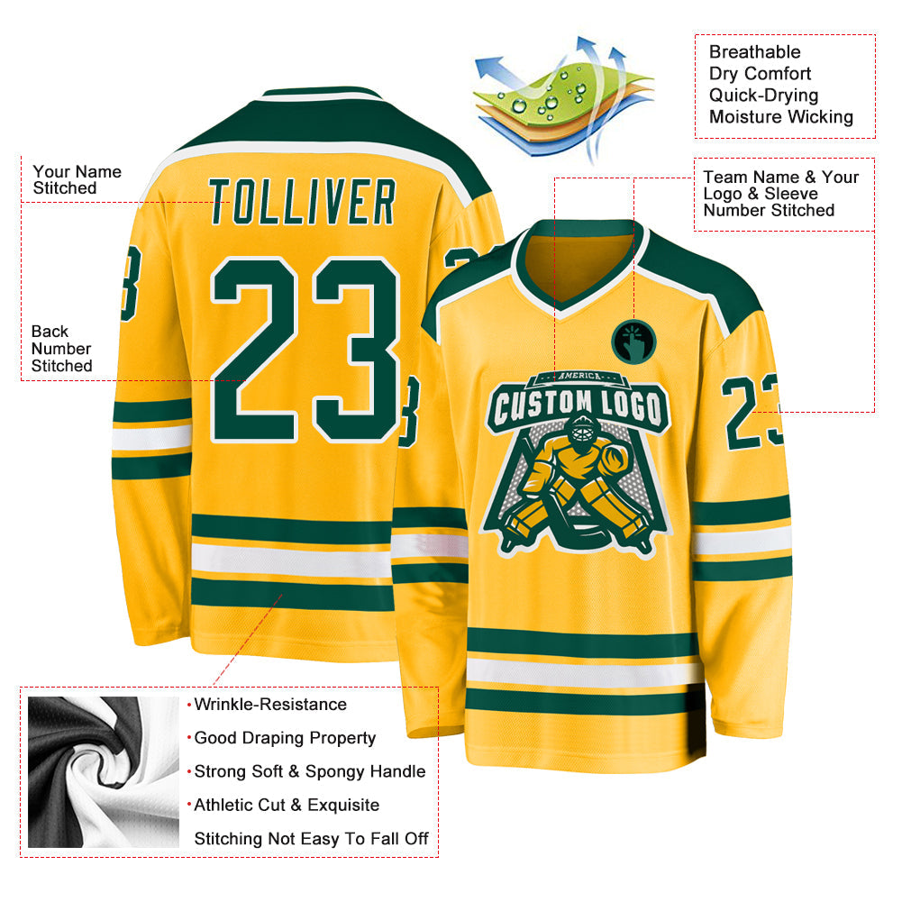 Custom Gold Green-White Hockey Jersey - Sky-Custom