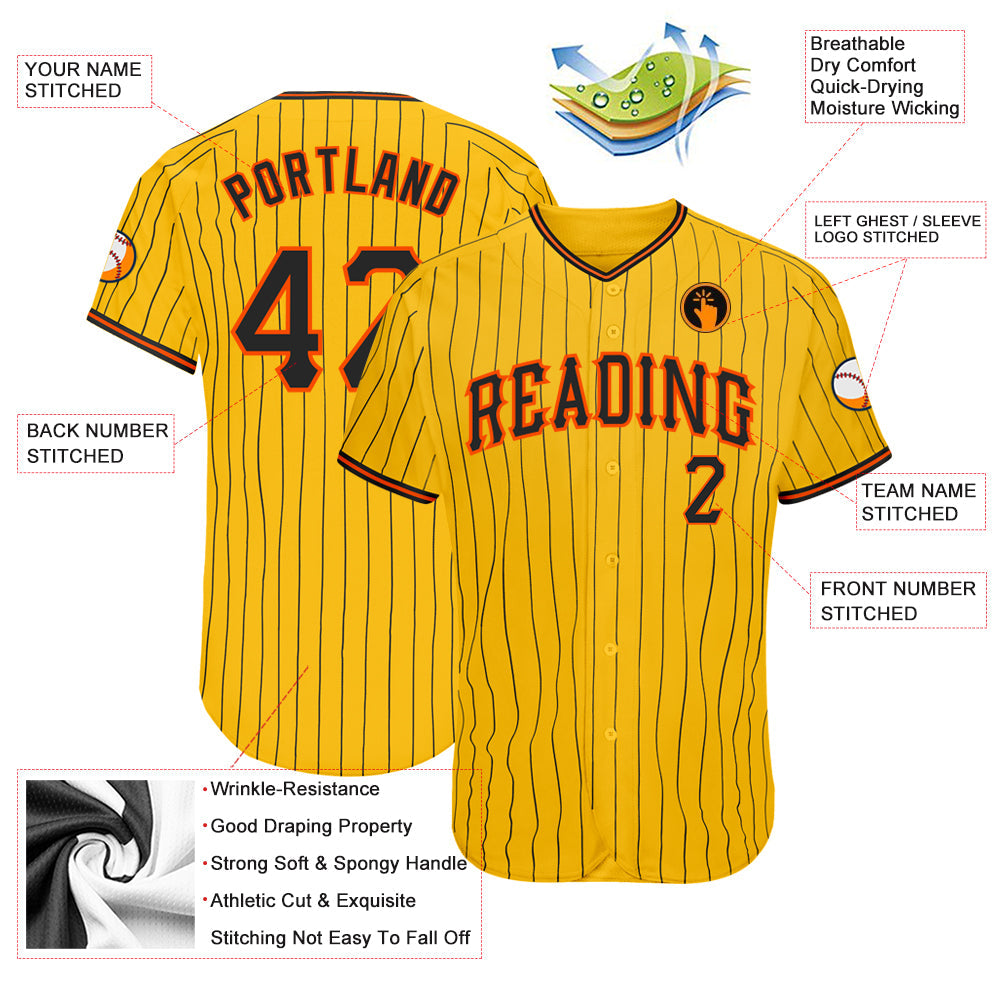Custom Yellow Black Pinstripe Black-Orange Authentic Baseball Jersey - Sky-Custom