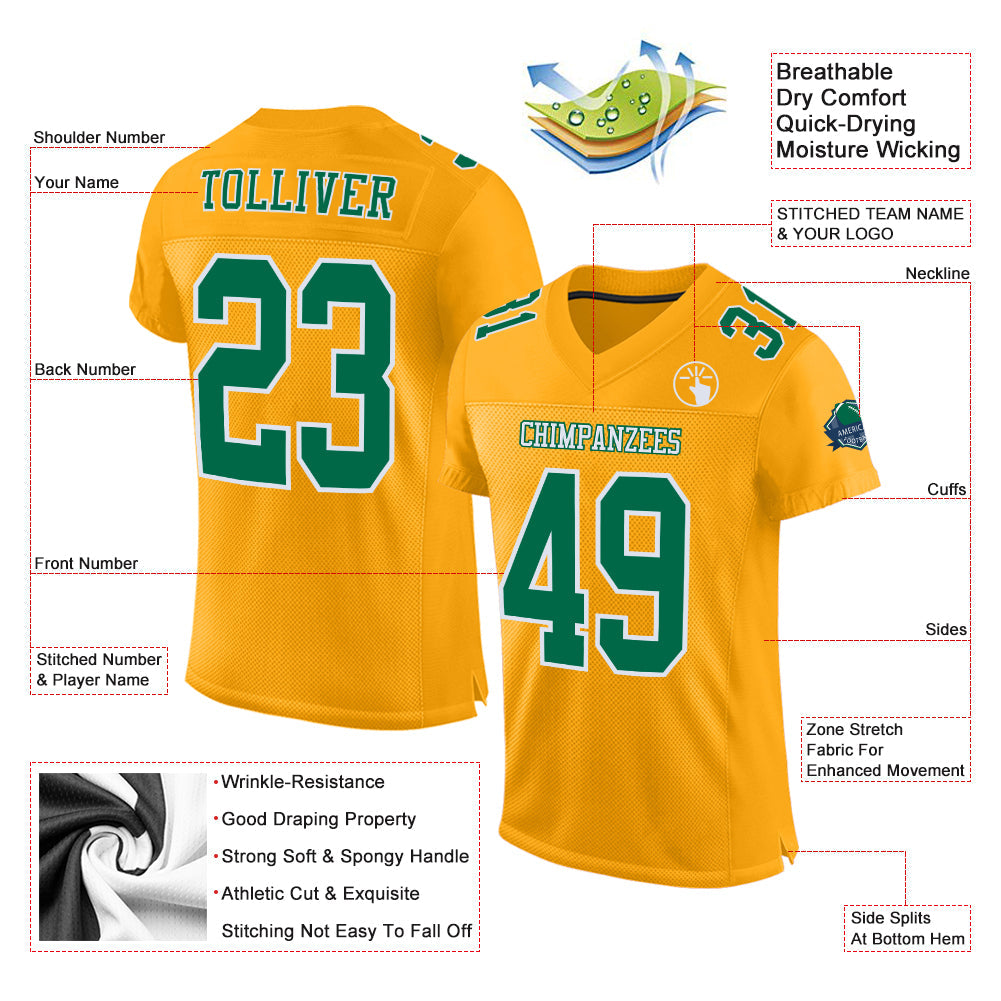Custom Gold Kelly Green-White Mesh Authentic Football Jersey - Sky-Custom