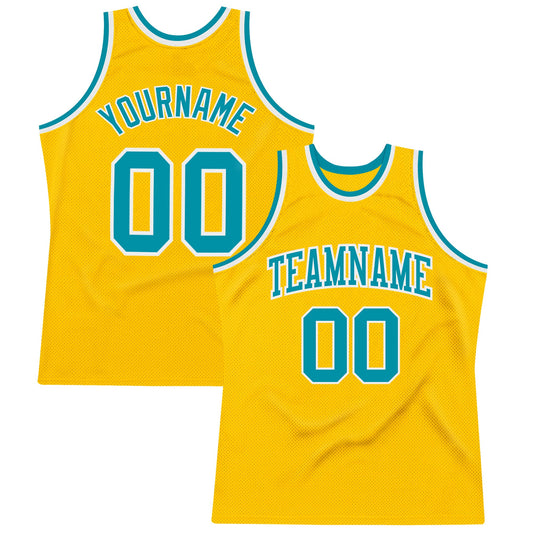 Custom Gold Teal-White Authentic Throwback Basketball Jersey - Sky-Custom