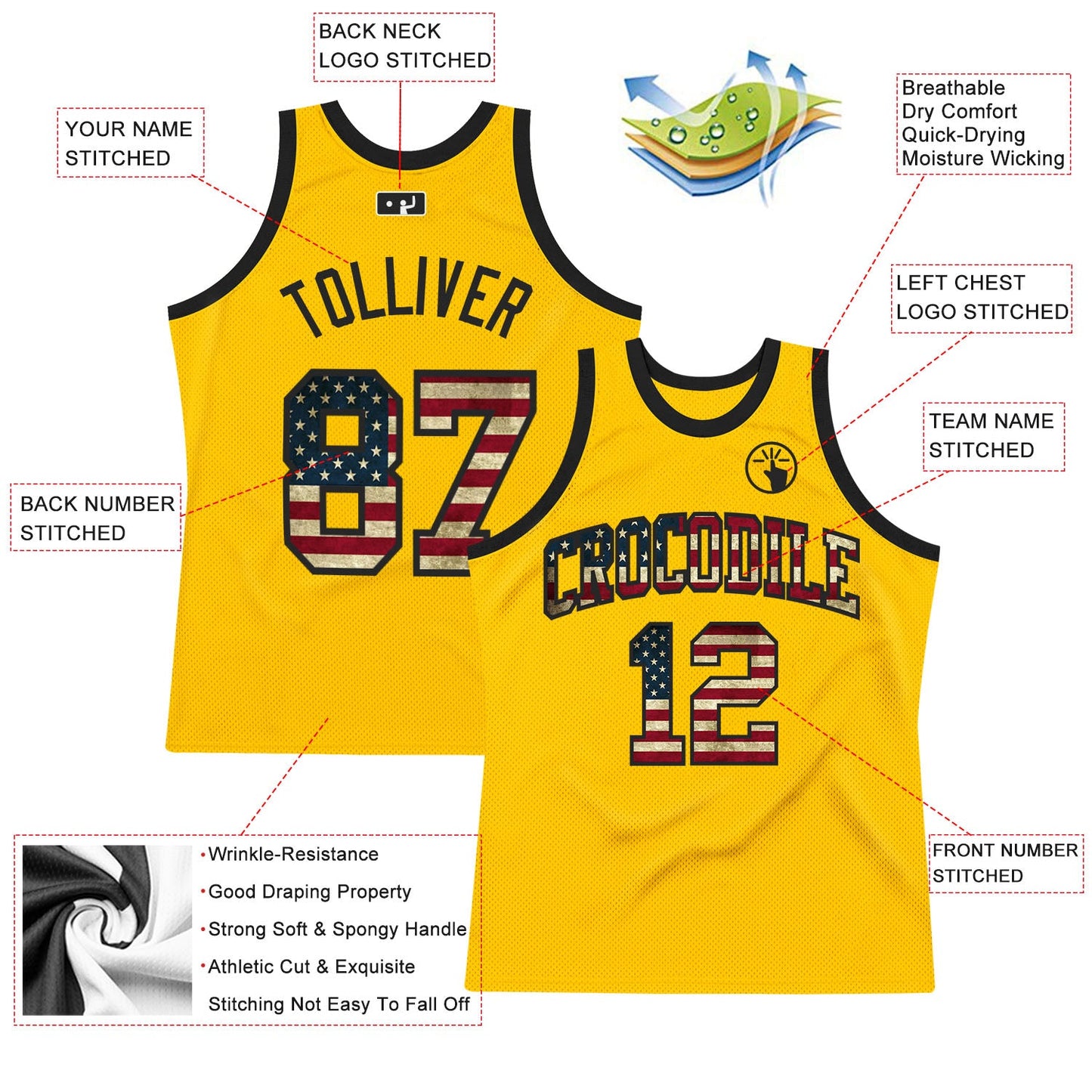 Custom Gold Vintage USA Flag-Black Authentic Throwback Basketball Jersey - Sky-Custom