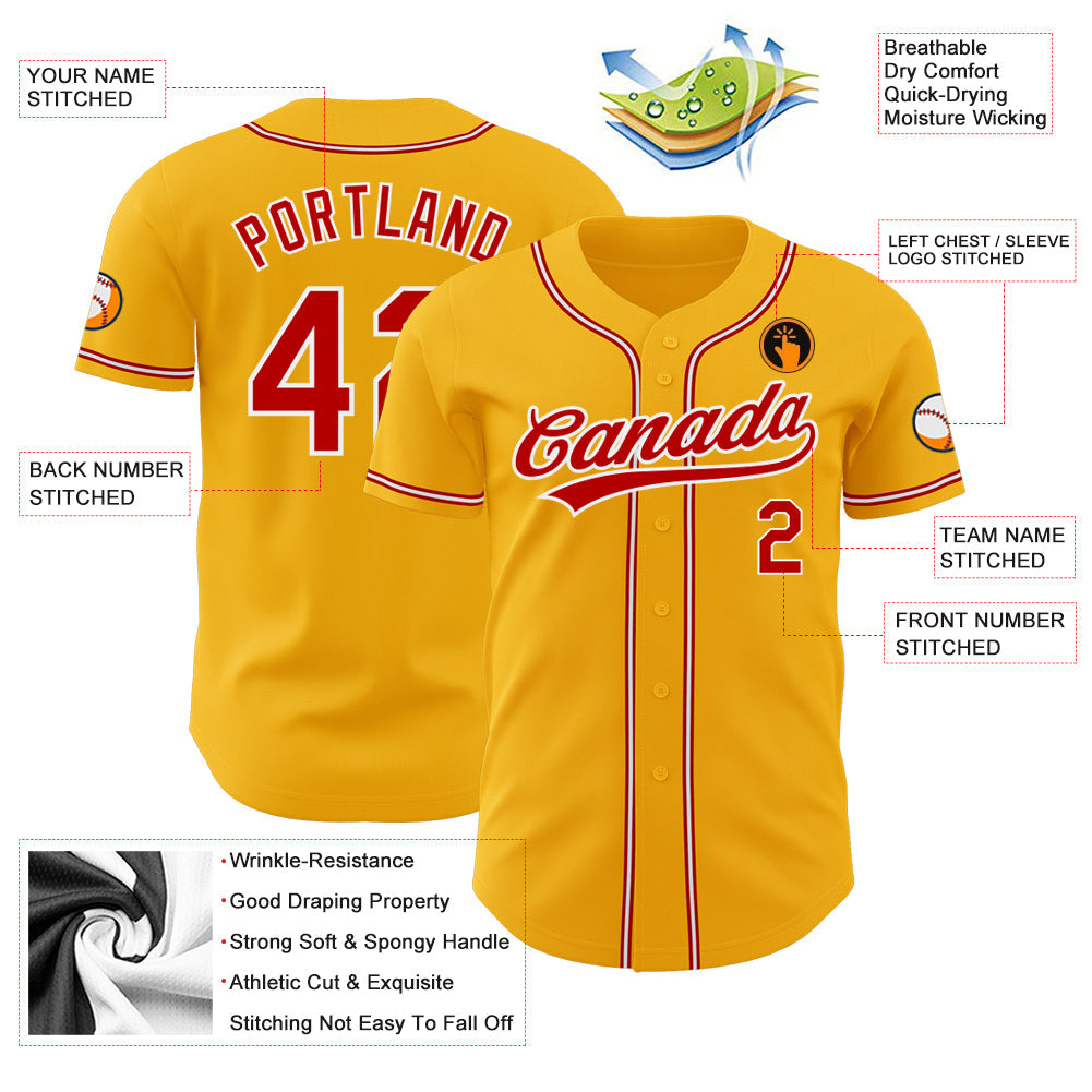 Custom Gold Red-White Authentic Baseball Jersey - Sky-Custom