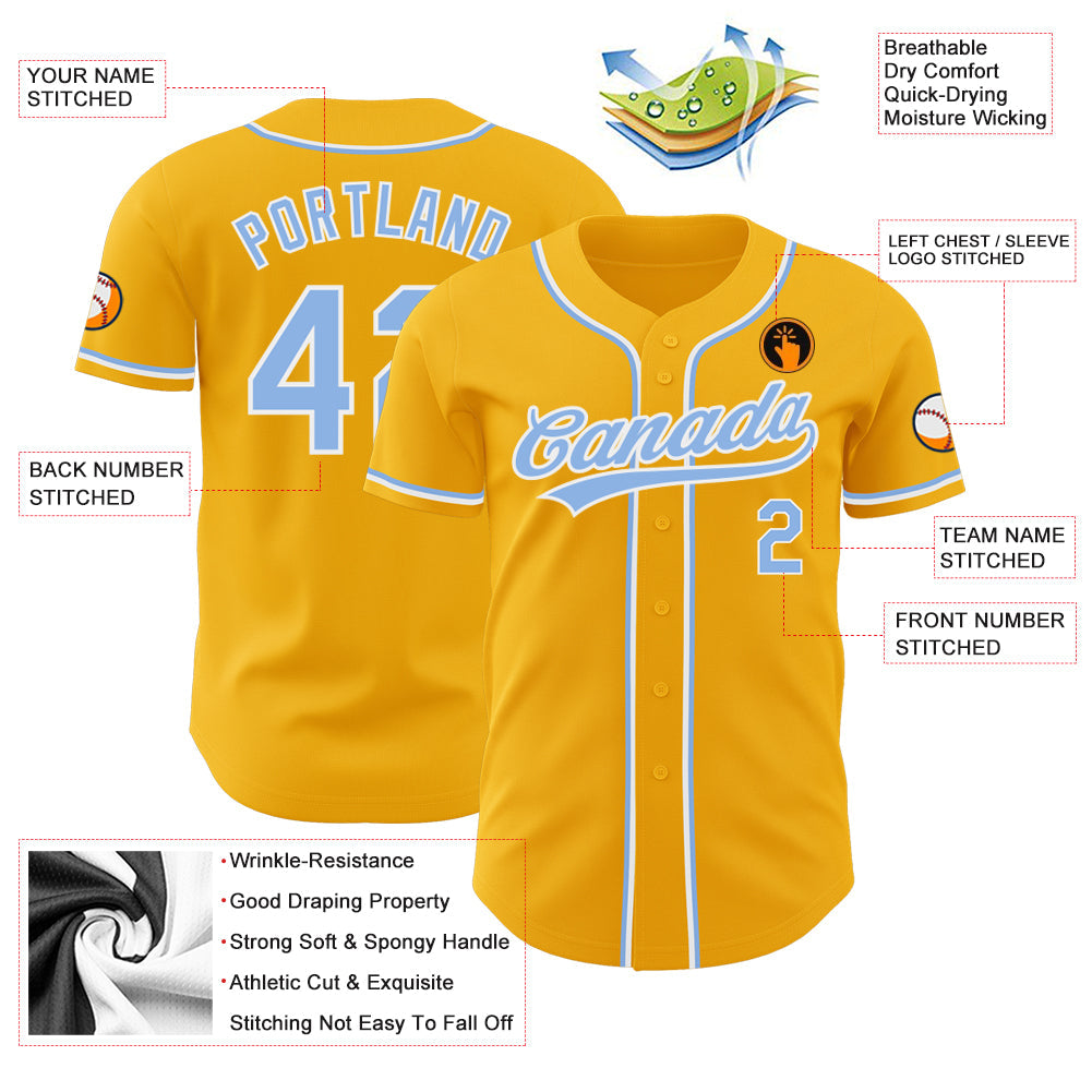 Custom Gold Light Blue-White Authentic Baseball Jersey - Sky-Custom
