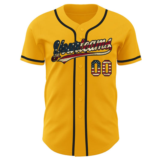 Custom Gold Vintage USA Flag-Black Authentic Baseball Jersey - Sky-Custom