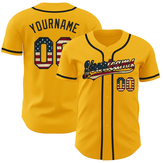 Custom Gold Vintage USA Flag-Black Authentic Baseball Jersey - Sky-Custom