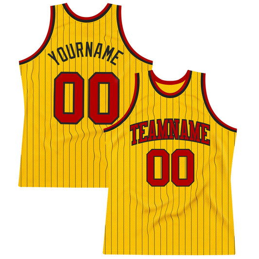 Custom Gold Black Pinstripe Red Authentic Basketball Jersey - Sky-Custom