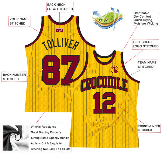 Custom Gold Black Pinstripe Maroon Authentic Basketball Jersey - Sky-Custom