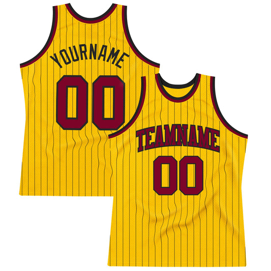 Custom Gold Black Pinstripe Maroon Authentic Basketball Jersey - Sky-Custom