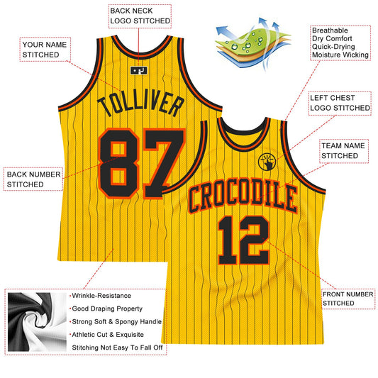 Custom Gold Black Pinstripe Black-Orange Authentic Basketball Jersey - Sky-Custom