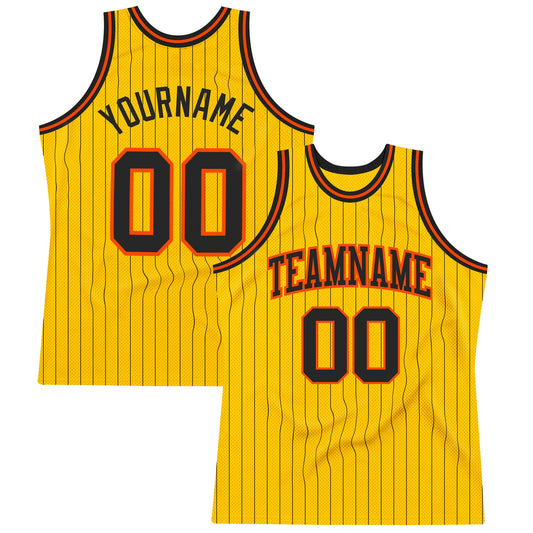Custom Gold Black Pinstripe Black-Orange Authentic Basketball Jersey - Sky-Custom