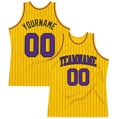 Custom Gold Black Pinstripe Purple Authentic Basketball Jersey - Sky-Custom