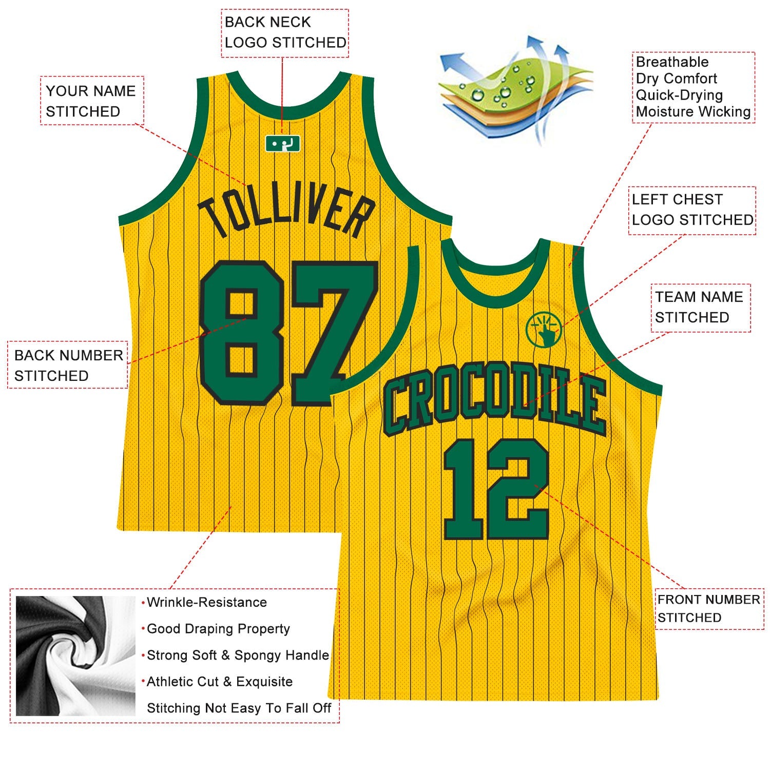 Custom Gold Black Pinstripe Kelly Green Authentic Basketball Jersey - Sky-Custom