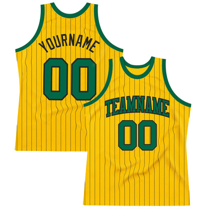 Custom Gold Black Pinstripe Kelly Green Authentic Basketball Jersey - Sky-Custom