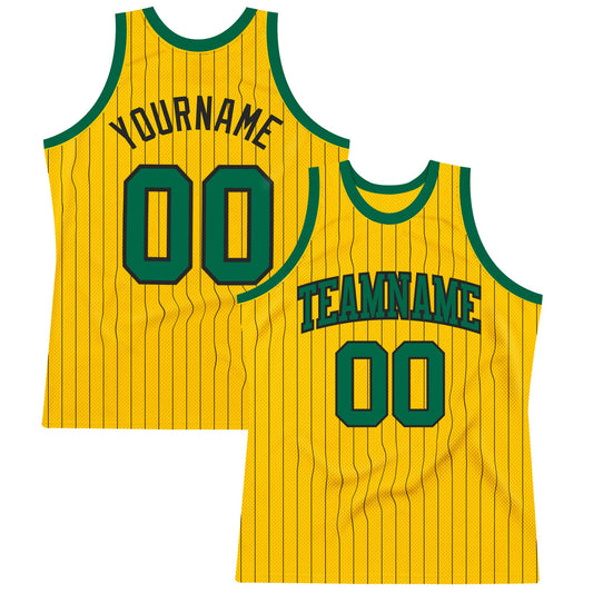 Custom Gold Black Pinstripe Kelly Green Authentic Basketball Jersey - Sky-Custom