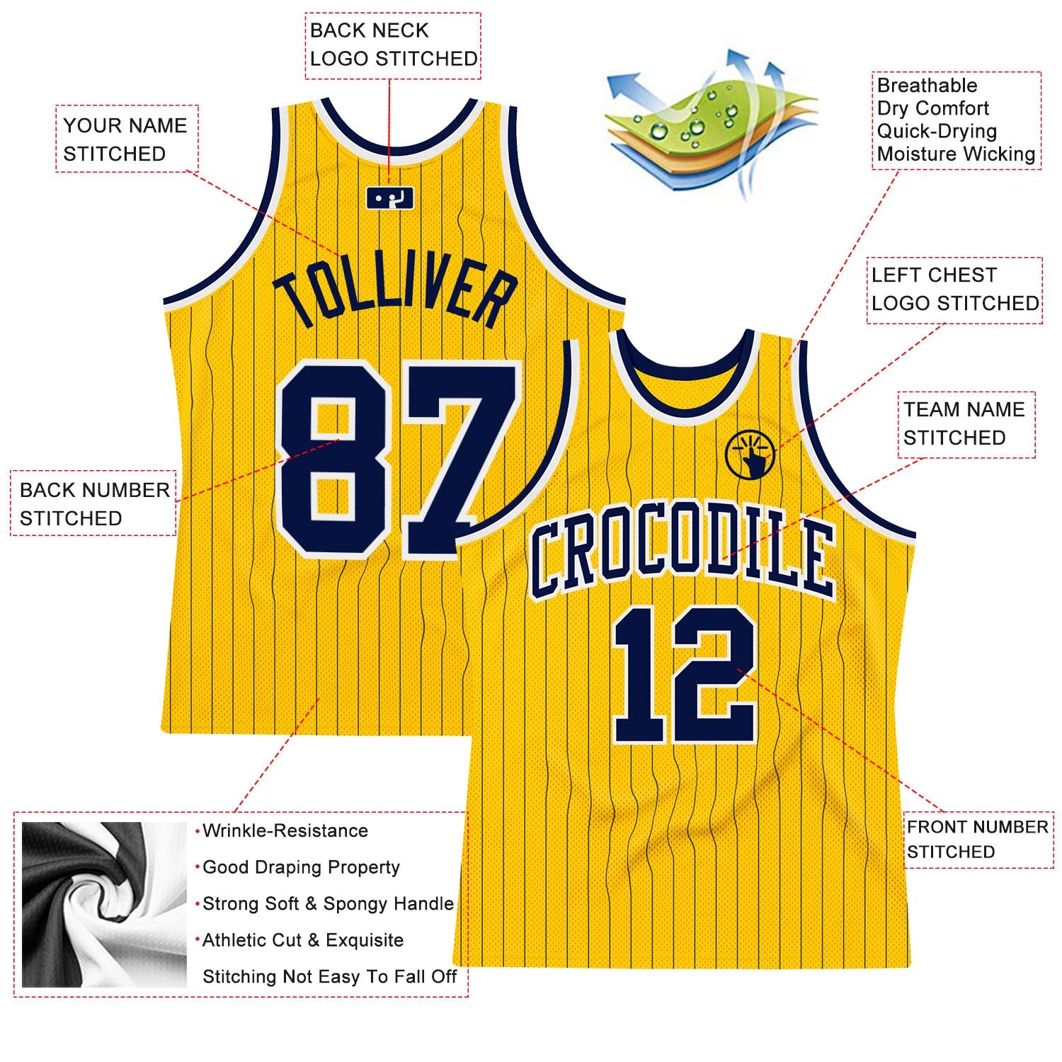 Custom Gold Navy Pinstripe Navy-White Authentic Basketball Jersey - Sky-Custom