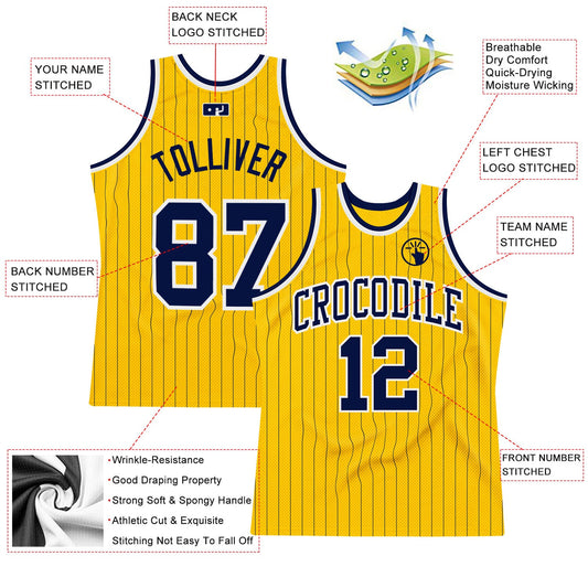 Custom Gold Navy Pinstripe Navy-White Authentic Basketball Jersey - Sky-Custom