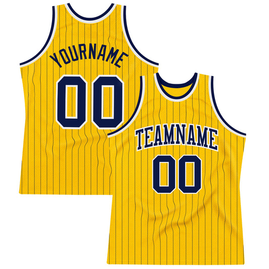 Custom Gold Navy Pinstripe Navy-White Authentic Basketball Jersey - Sky-Custom