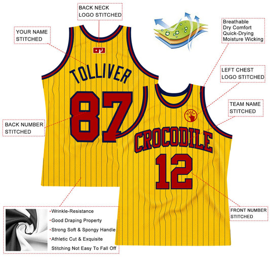 Custom Gold Navy Pinstripe Red Authentic Basketball Jersey - Sky-Custom