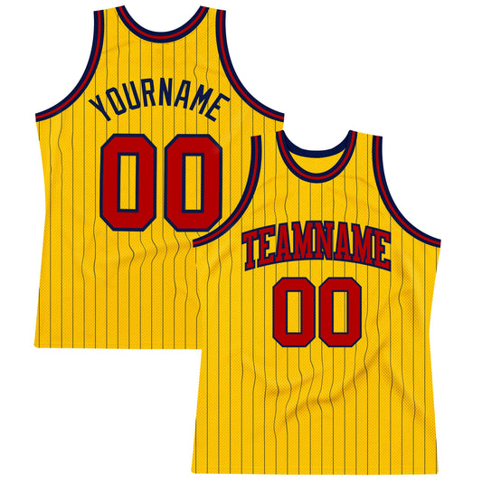 Custom Gold Navy Pinstripe Red Authentic Basketball Jersey - Sky-Custom