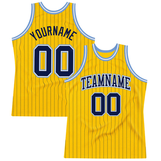 Custom Gold Navy Pinstripe Navy-Light Blue Authentic Basketball Jersey - Sky-Custom