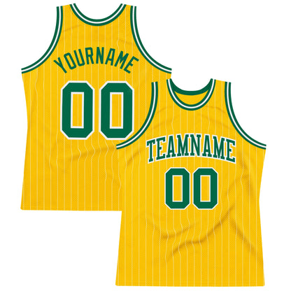 Custom Gold White Pinstripe Kelly Green Authentic Basketball Jersey - Sky-Custom