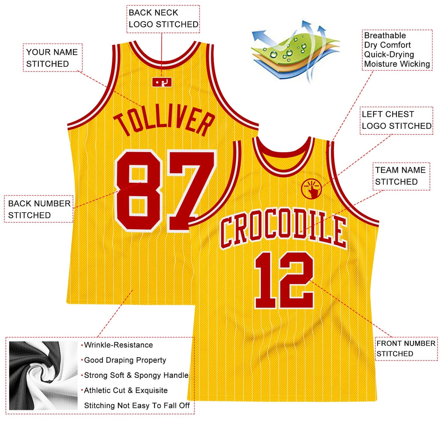 Custom Gold White Pinstripe Red Authentic Basketball Jersey - Sky-Custom