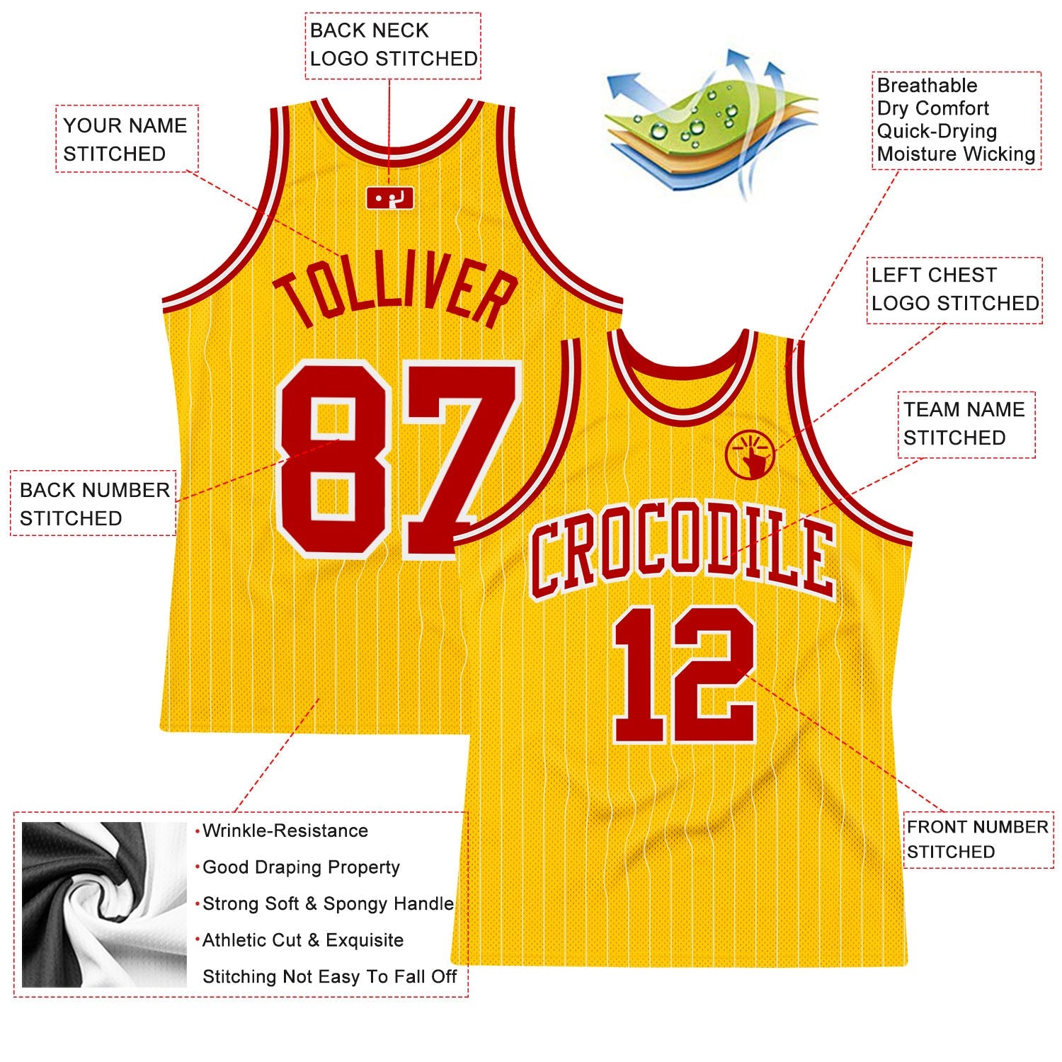 Custom Gold White Pinstripe Red Authentic Basketball Jersey - Sky-Custom