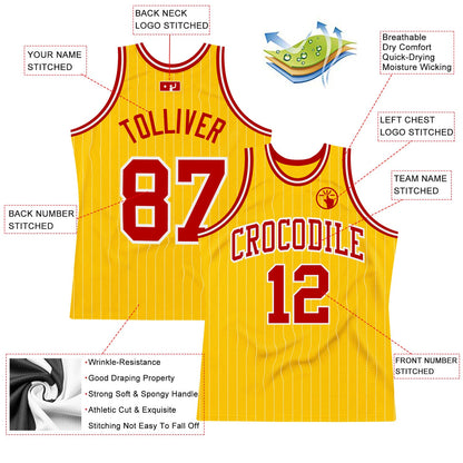 Custom Gold White Pinstripe Red Authentic Basketball Jersey - Sky-Custom