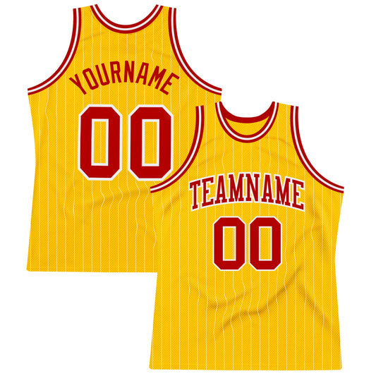 Custom Gold White Pinstripe Red Authentic Basketball Jersey - Sky-Custom