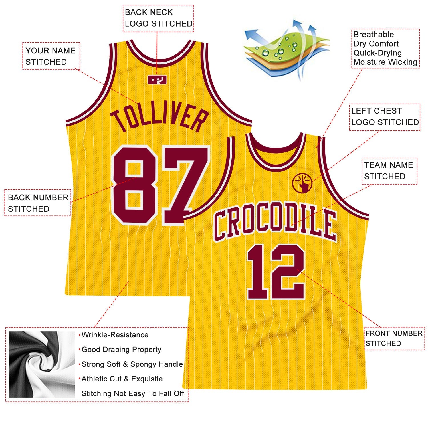 Custom Gold White Pinstripe Maroon Authentic Basketball Jersey - Sky-Custom