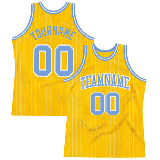 Custom Gold White Pinstripe Light Blue Authentic Basketball Jersey - Sky-Custom