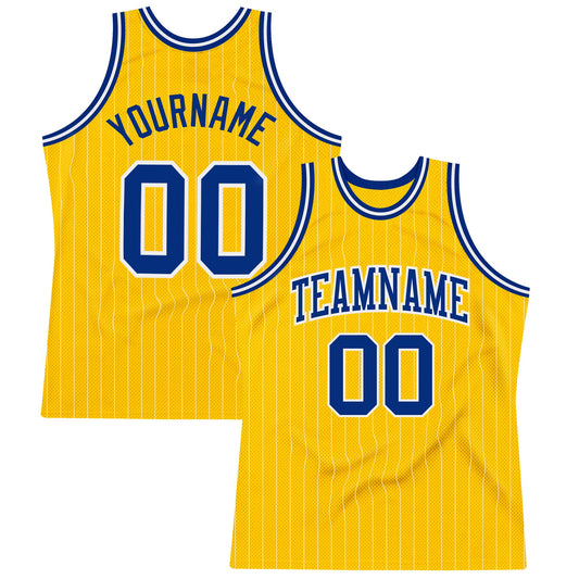 Custom Gold White Pinstripe Royal Authentic Basketball Jersey - Sky-Custom