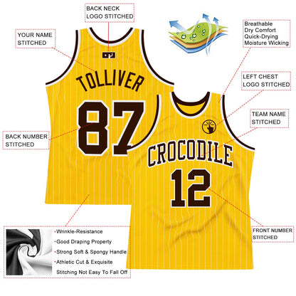 Custom Gold White Pinstripe Brown Authentic Basketball Jersey - Sky-Custom