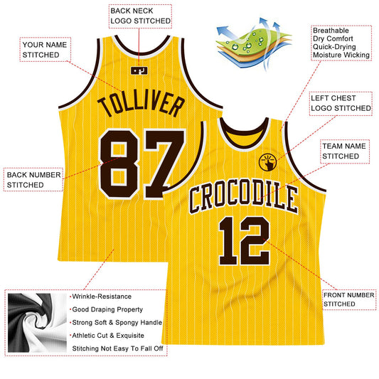 Custom Gold White Pinstripe Brown Authentic Basketball Jersey - Sky-Custom