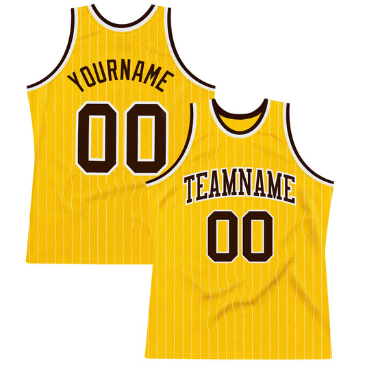 Custom Gold White Pinstripe Brown Authentic Basketball Jersey - Sky-Custom