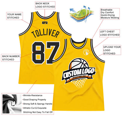 Custom Gold Black-White Authentic Throwback Basketball Jersey - Sky-Custom