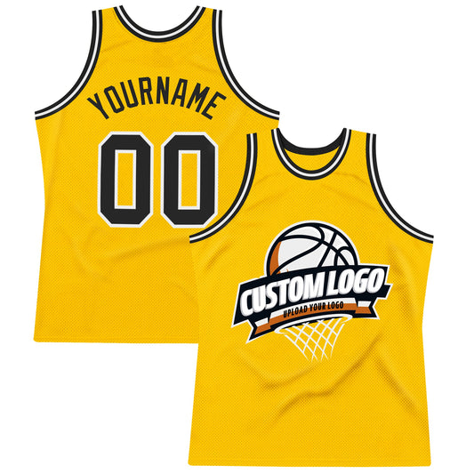 Custom Gold Black-White Authentic Throwback Basketball Jersey - Sky-Custom