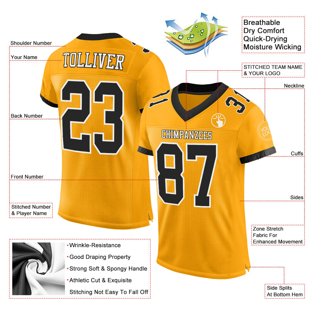 Custom Gold Black-White Mesh Authentic Football Jersey - Sky-Custom