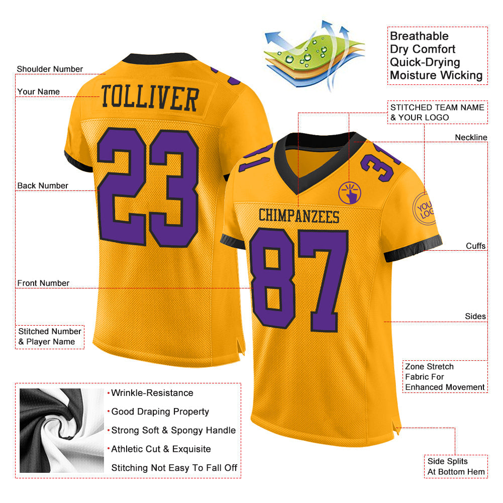 Custom Gold Purple-Black Mesh Authentic Football Jersey - Sky-Custom